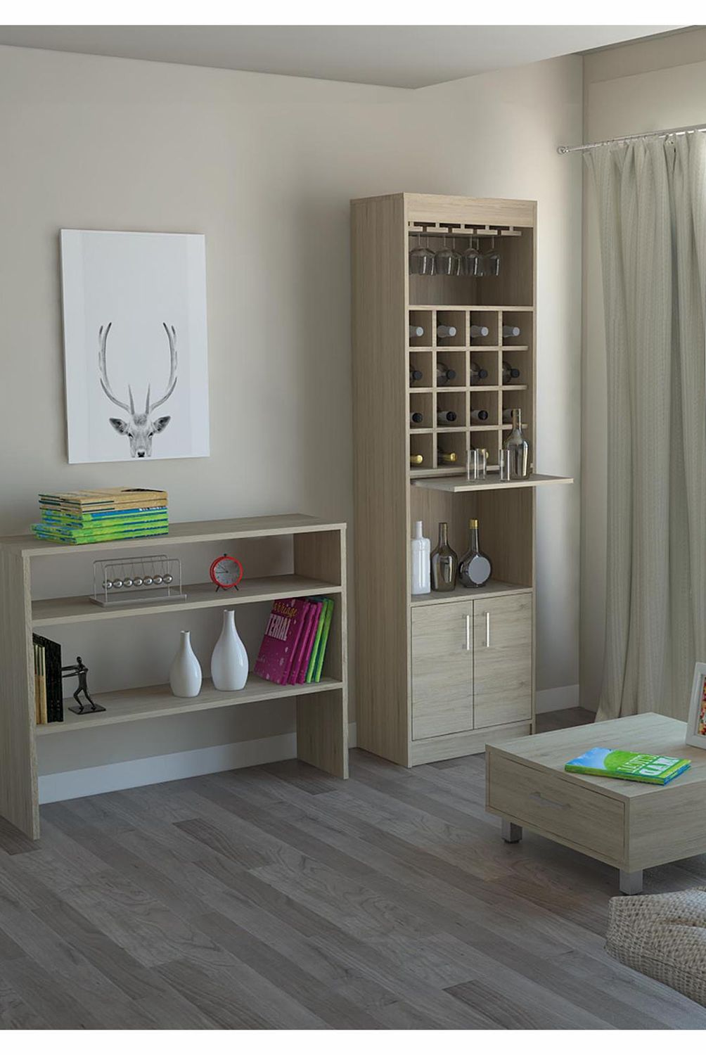 TUHOME - Combo mueble de bar + arrimo + mesa de centro madera Rovere