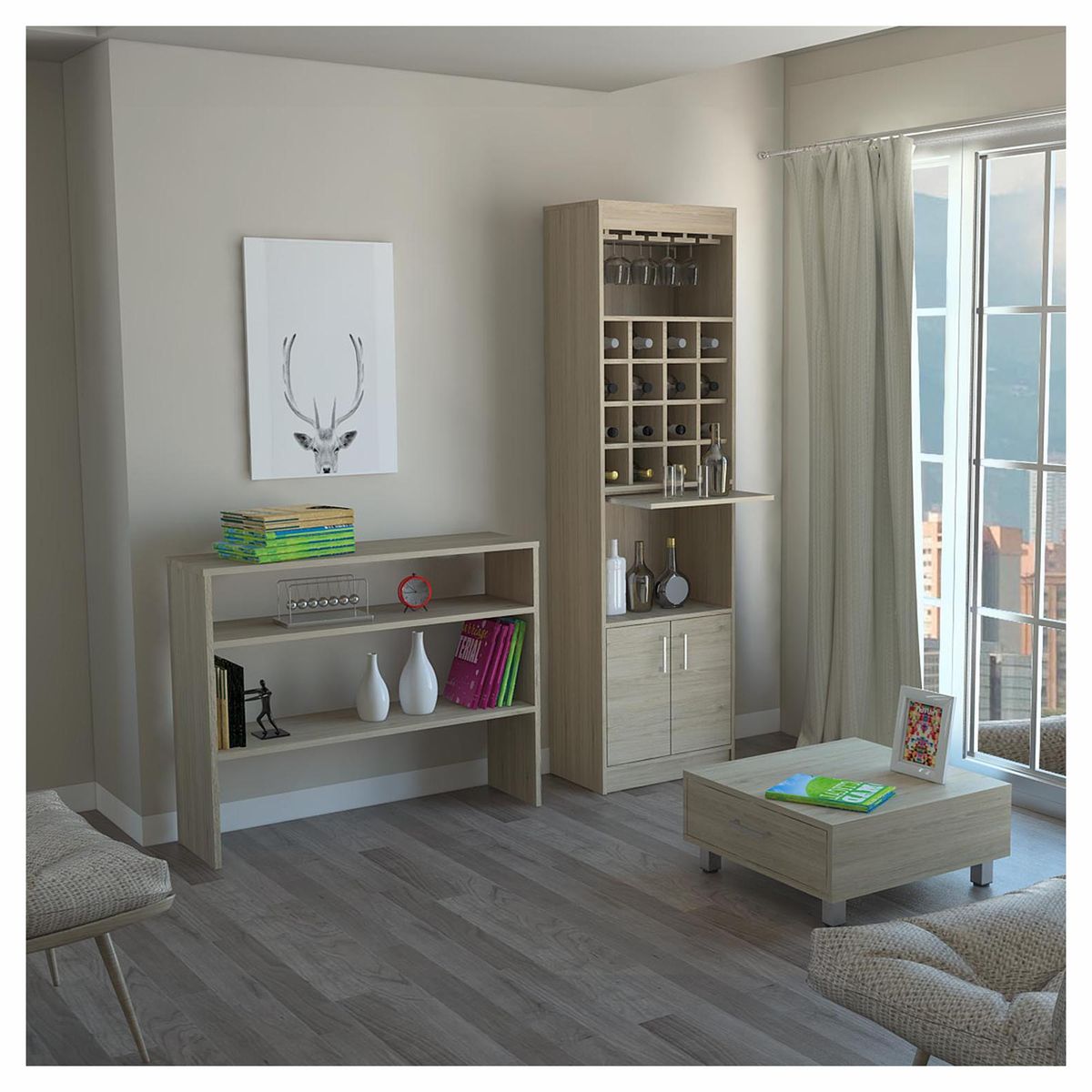 TUHOME - Combo Mueble De Bar + Arrimo + Mesa De Centro Madera Rovere