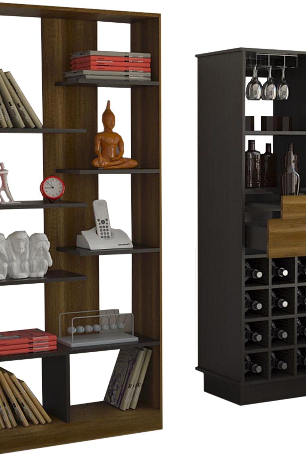 TUHOME - Combo Rack + Mueble de Bar de Madera Caramelo/Wengue