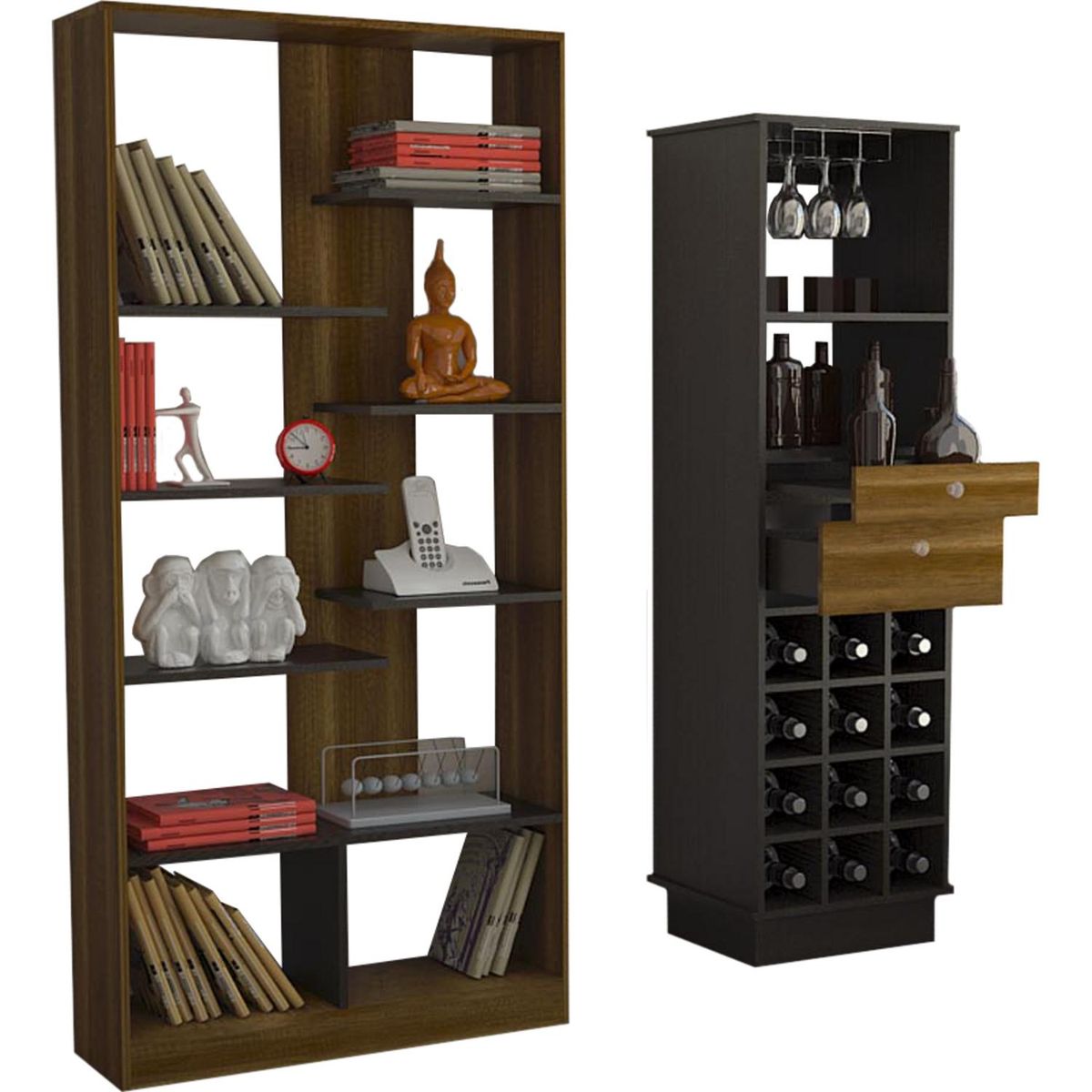 TUHOME - Combo Rack + Mueble de Bar de Madera Caramelo/Wengue