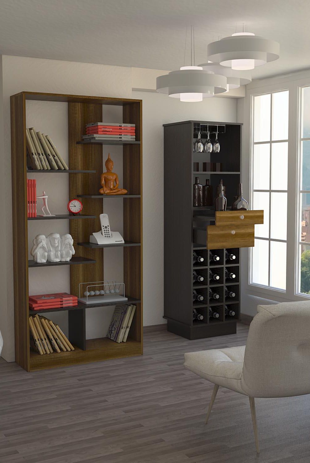 TUHOME - Combo Rack + Mueble de Bar de Madera Caramelo/Wengue