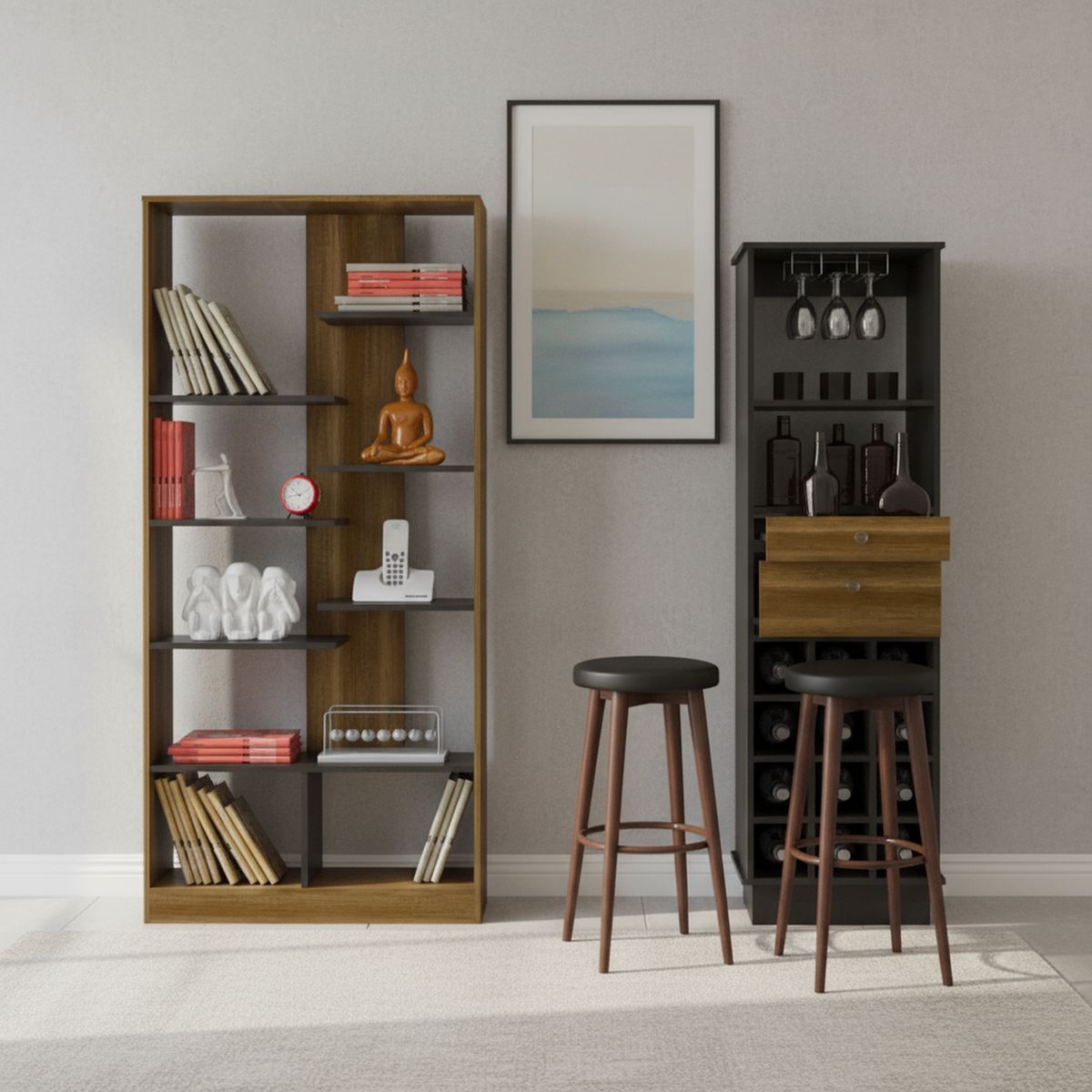 TUHOME - Combo Rack + Mueble de Bar de Madera Caramelo/Wengue