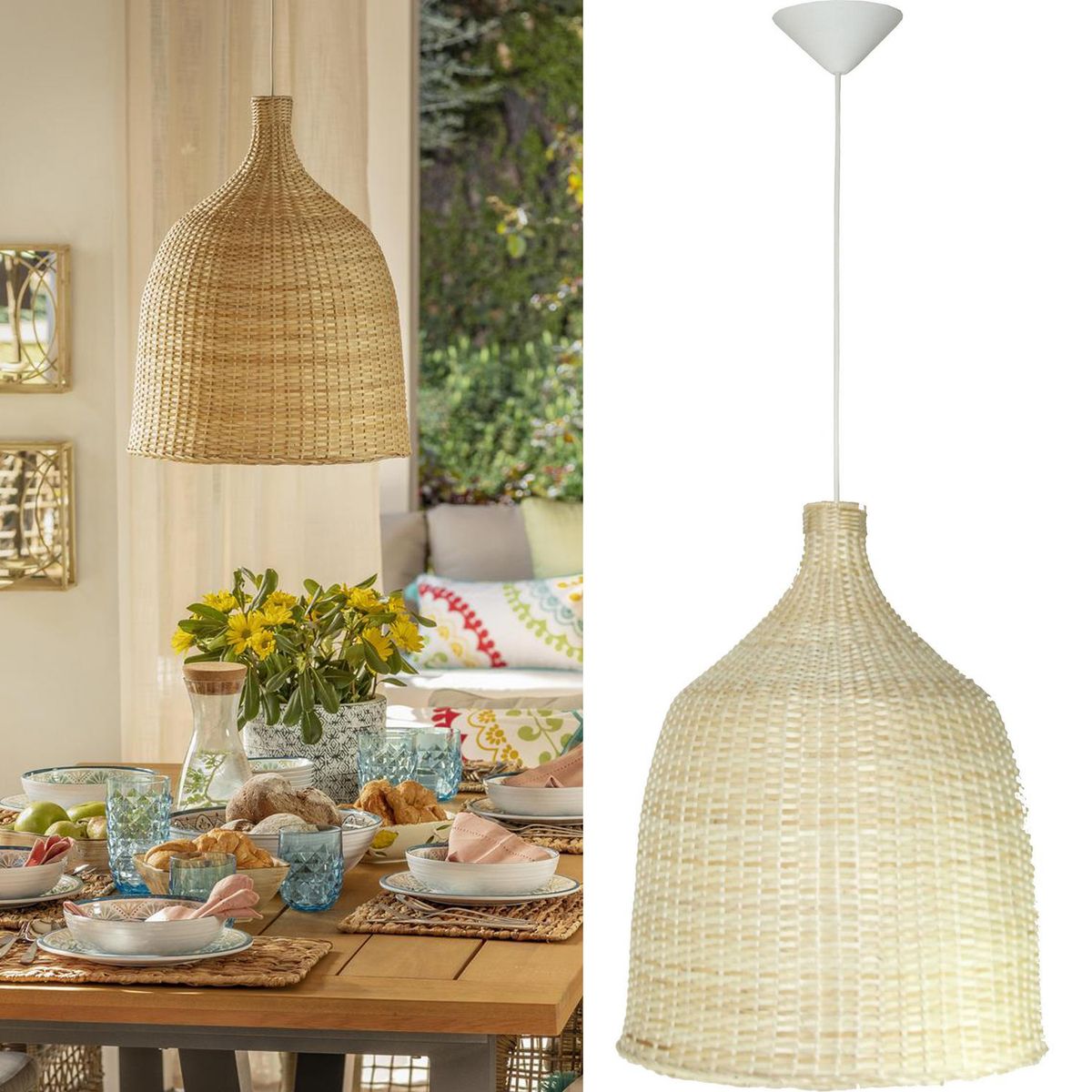 DECO MIMBRE - Lámpara Colgante Campana II Mimbre Blanco 40 cm