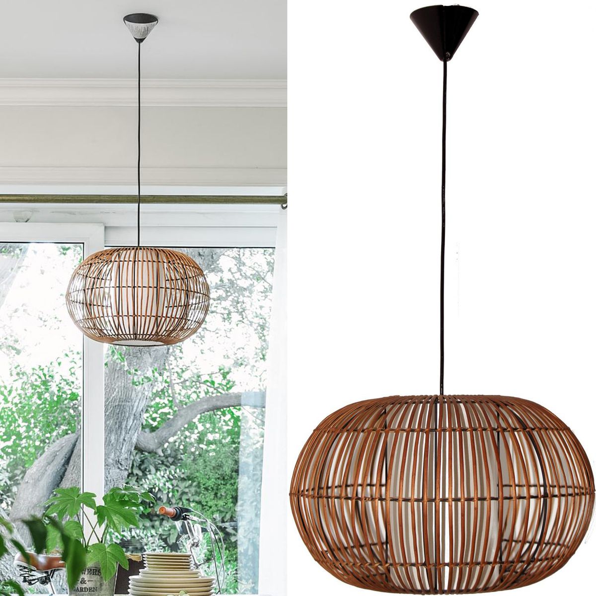 DECO MIMBRE - Lámpara Colgante Globo Mimbre Café