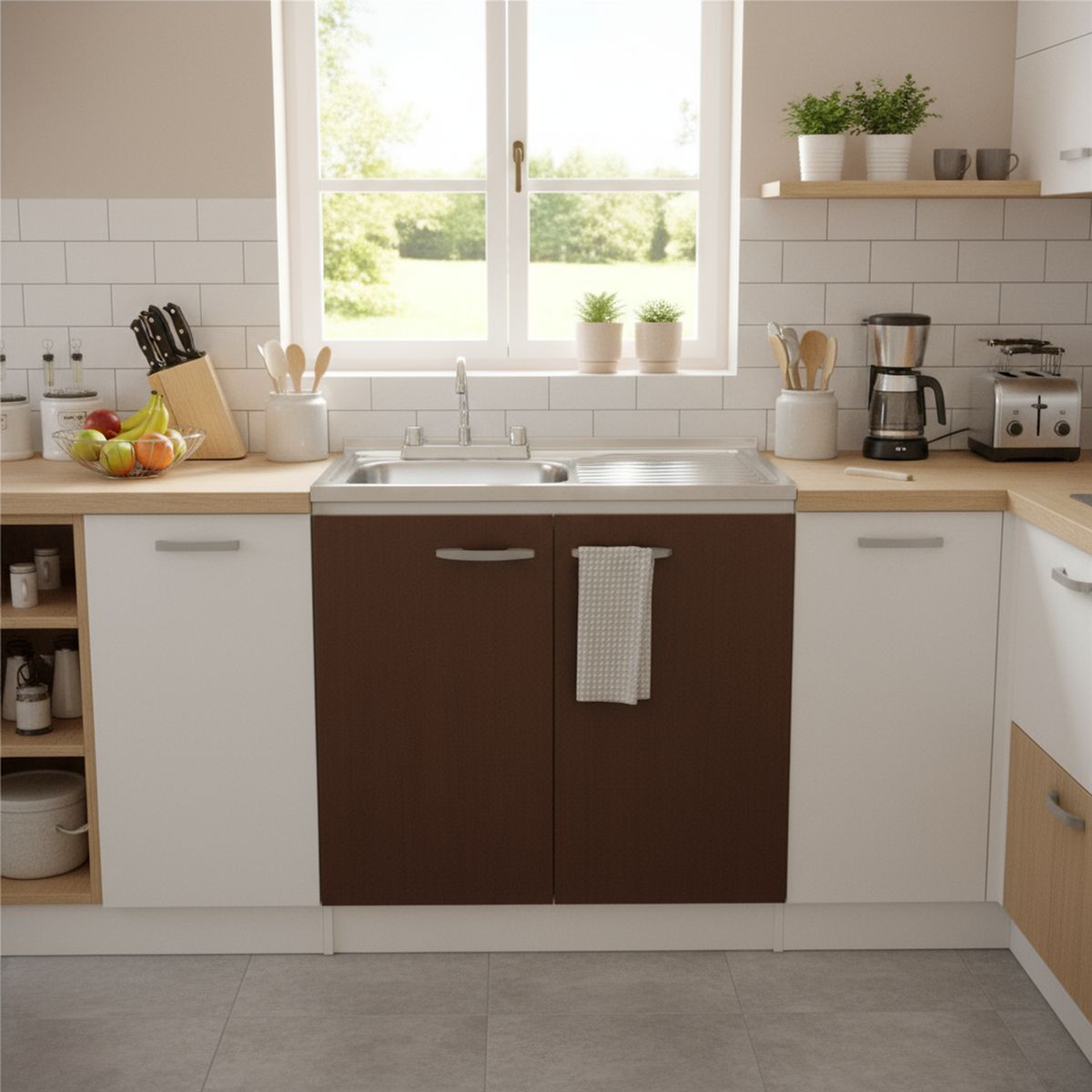 TEBISA - Kit Mueble Para Lavaplatos Derecho Chocolate 80 cm/Grifería