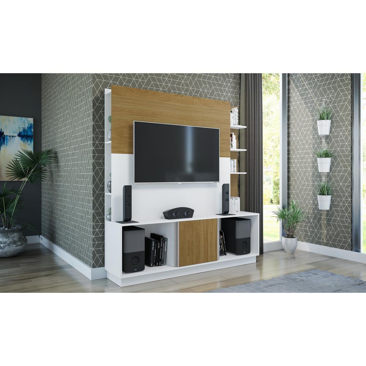 HOME GREEN - Centro de entretenimiento 60 " 160x36,3x173 Blanco y natural