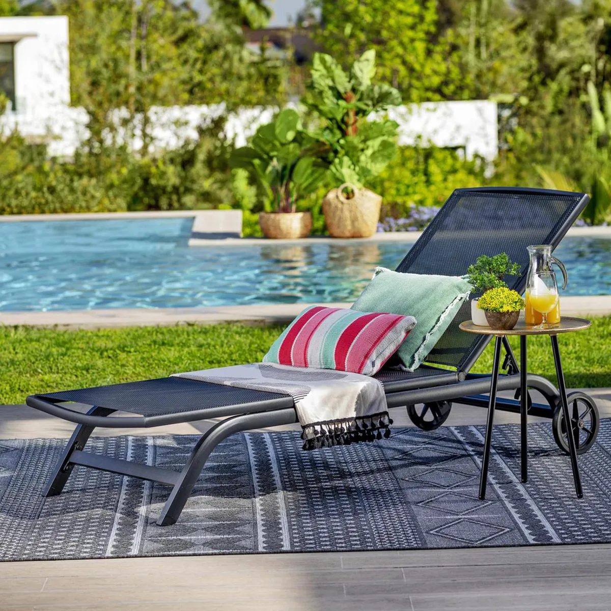 JUST HOME COLLECTION - Reposera con Ruedas 4 posiciones Textileno Negro