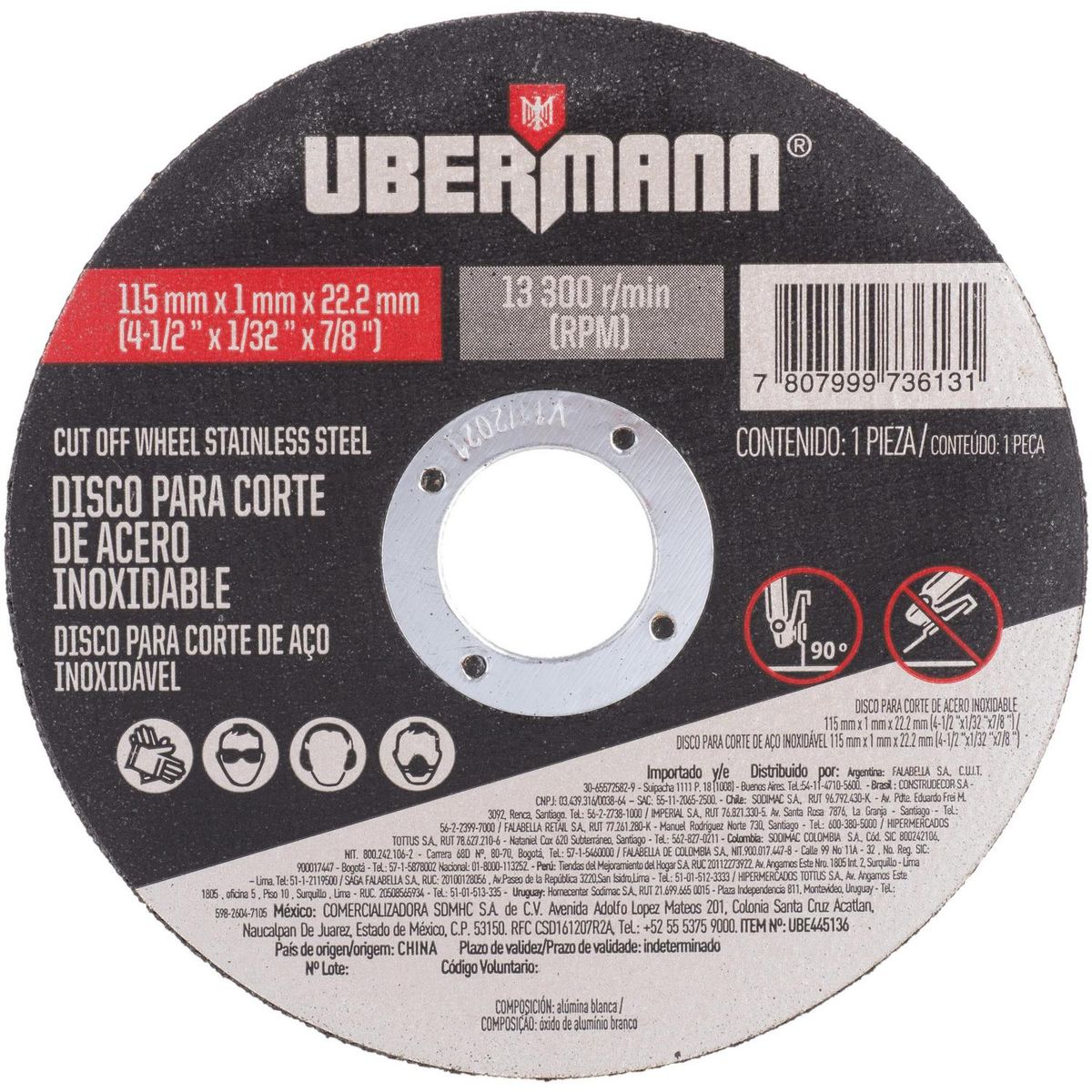 UBERMANN - Disco corte acero inoxidable 9"x1/16"