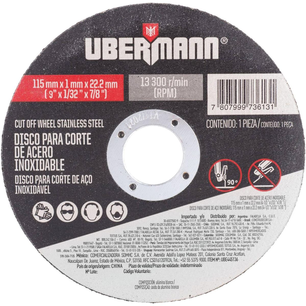 UBERMANN - Disco corte acero inoxidable 4,5"x1/32"