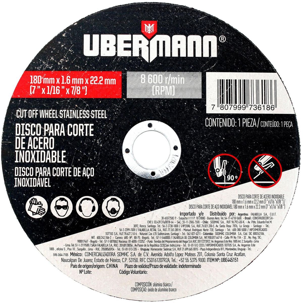 UBERMANN - Disco corte acero inoxidable 7"x1/16"