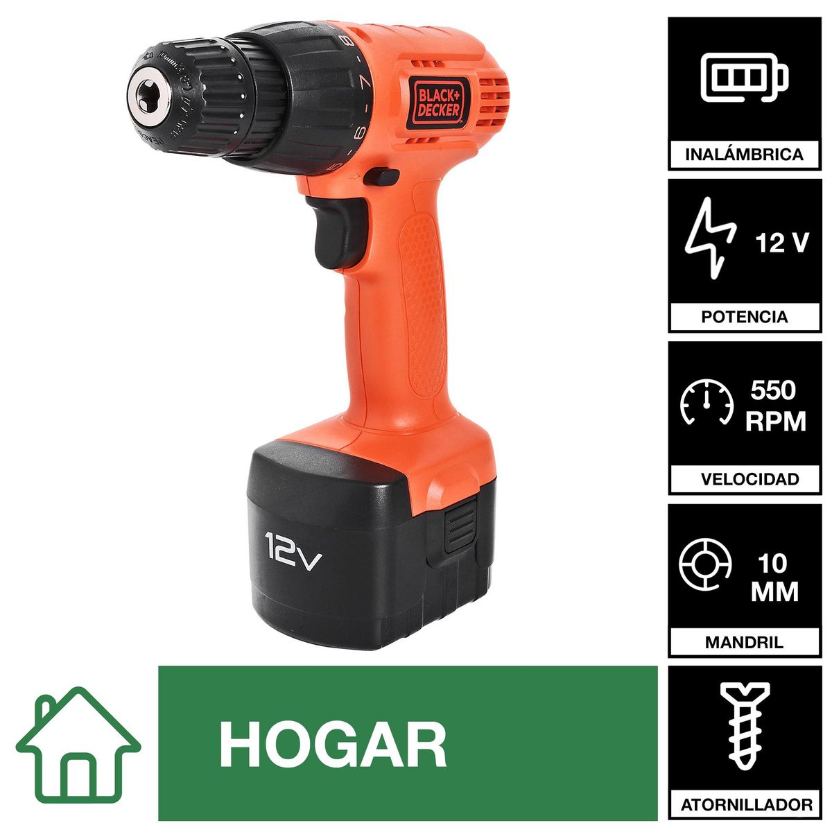 BLACK+DECKER - Taladro inalámbrico atornillador 10 mm 12V + 1 batería
