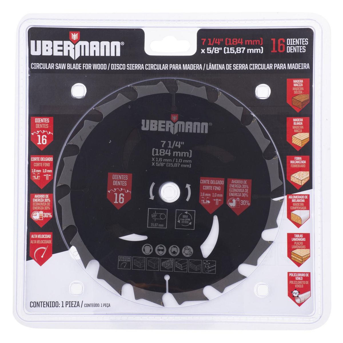 UBERMANN - Disco de sierra circular 7 1/4" 16 dientes