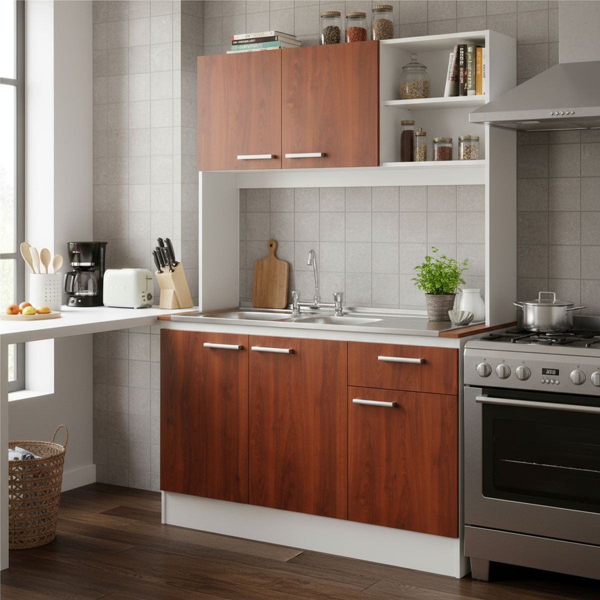 MOBIKIT - Kit mueble para lavaplatos 134x190x50 cm Cerezo