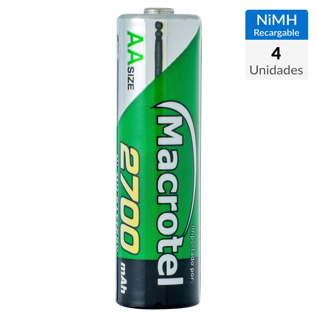 MACROTEL - Pack de 4 pilas recargables AA 2700 mAh 1.2V