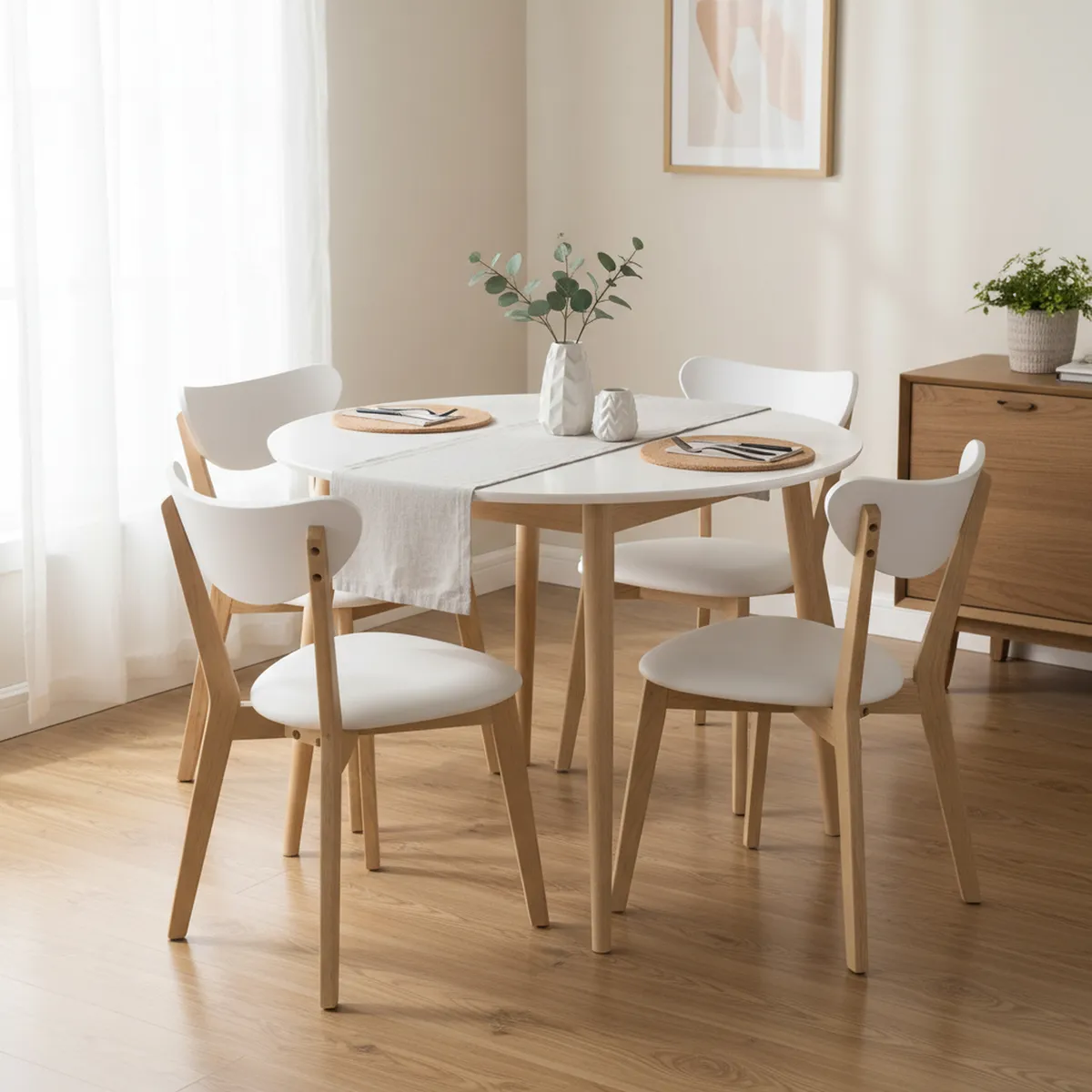 JUST HOME COLLECTION - Juego de Comedor Lucca 4 Sillas Mesa Redonda 105x74,8x105 cm Blanco