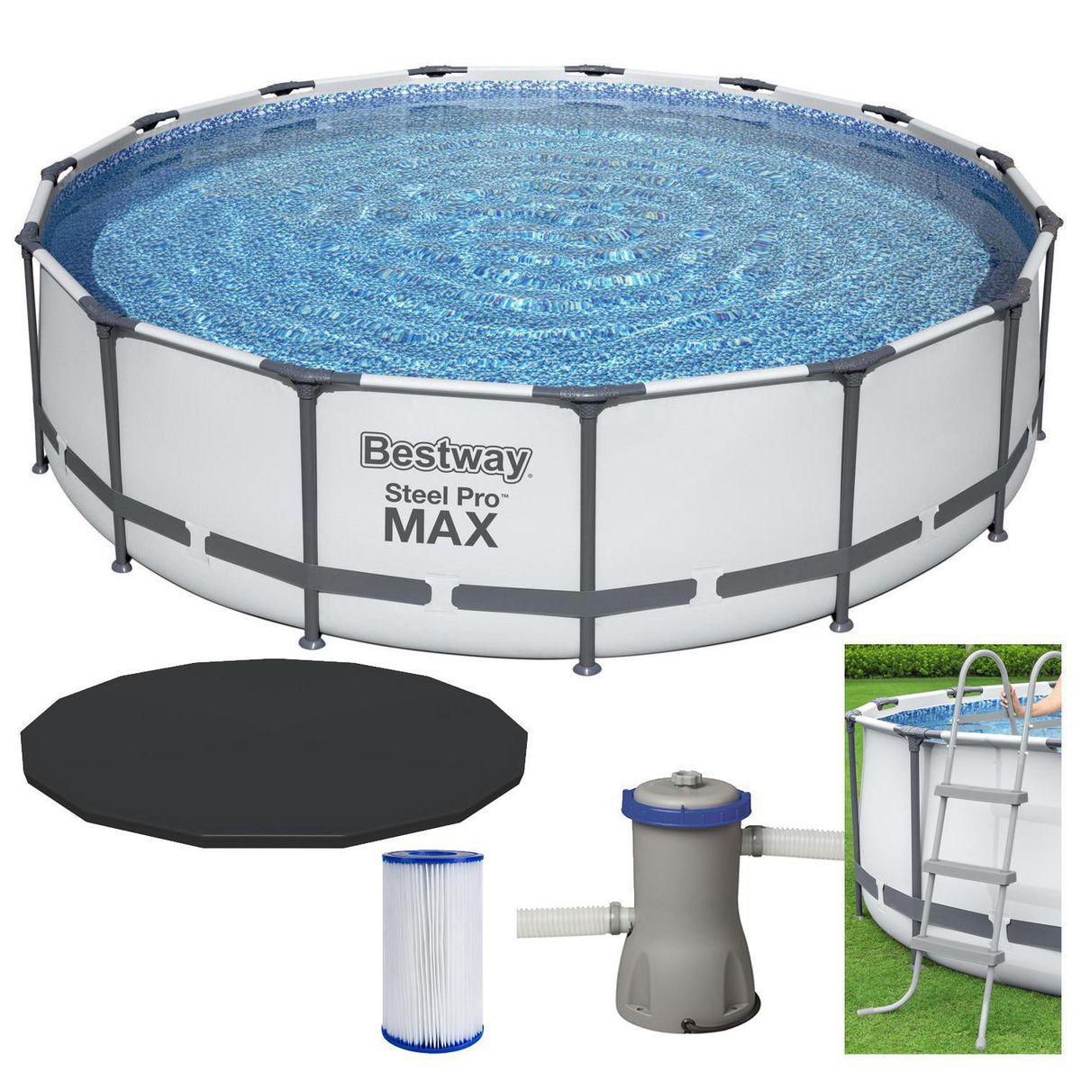 BESTWAY - Piscina Estructural 457x457x107 cm 14.970 l + Bomba + Filtro + Escalera + Cobertor