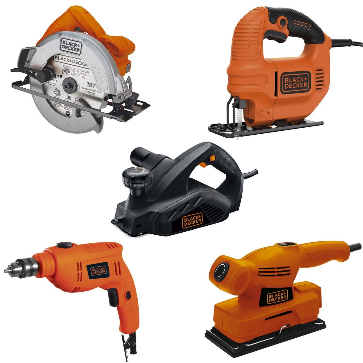 BLACK+DECKER - Kit eléctrico cepillo + sierra circular + lijadora + sierra caladora + taladro