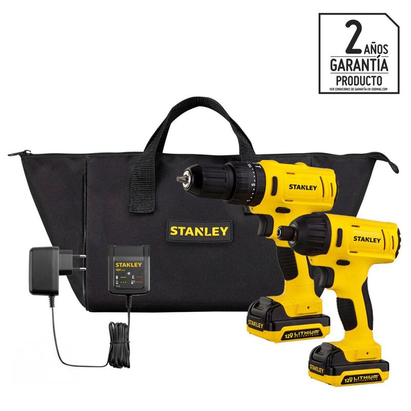 STANLEY - Kit inalámbrico 12V taladro percutor 10 mm + atornillador de impacto + 2 baterías