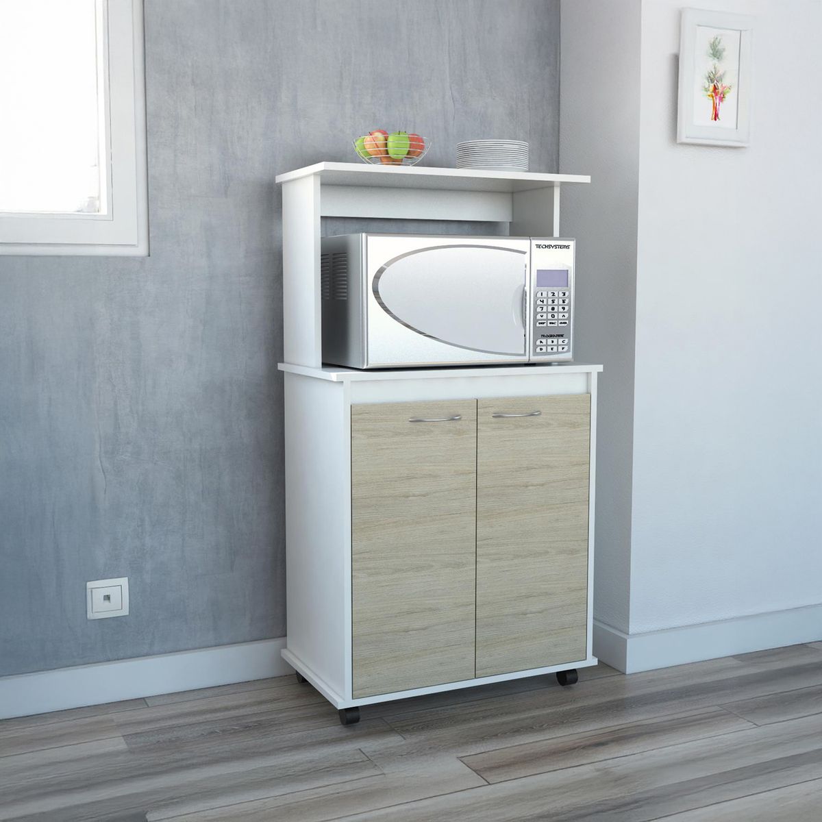 TUHOME - Mueble para microondas 63x36x114 cm blanco/oak