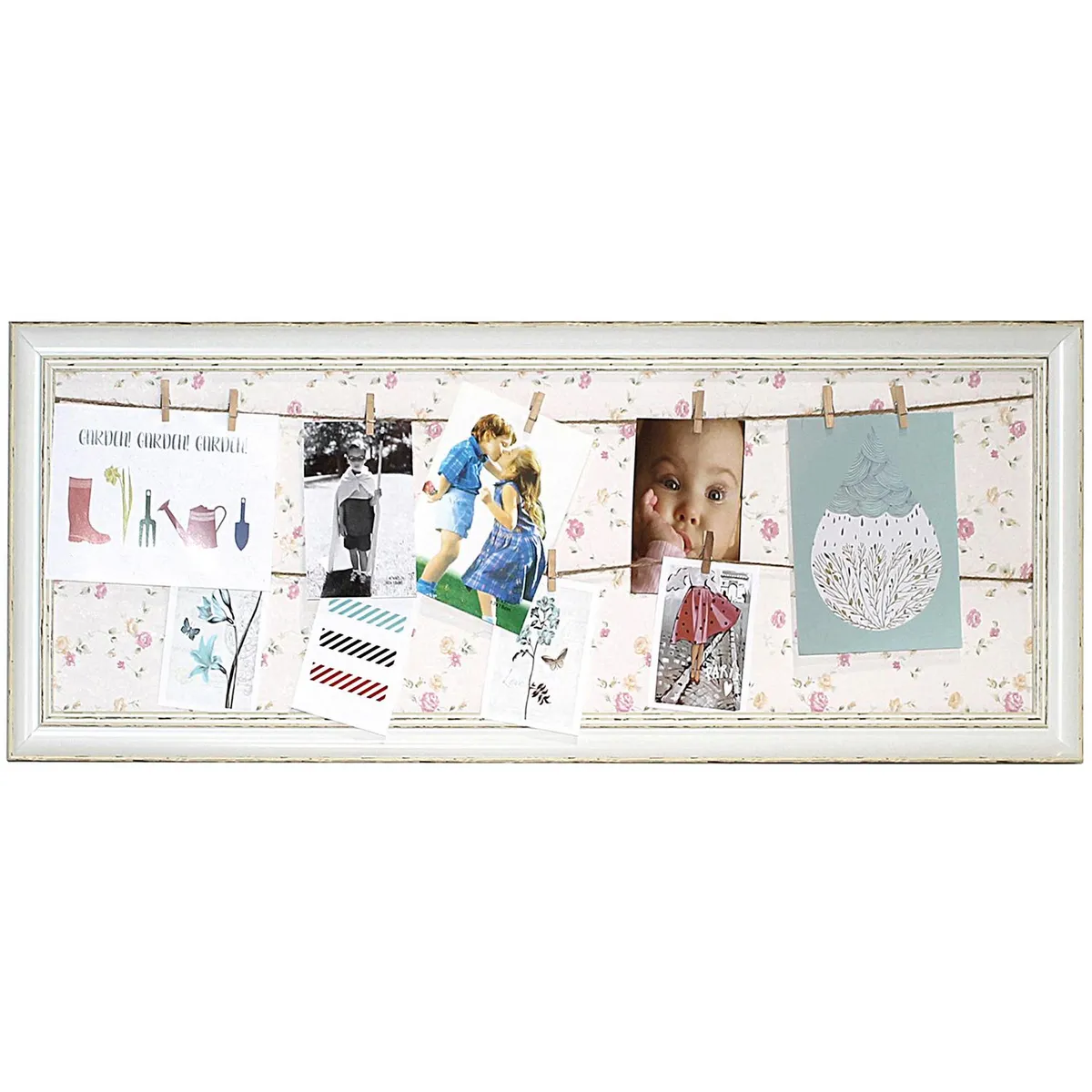 VGO - Marco de Foto con Ganchitos Flores 97x37 cm Natural Madera