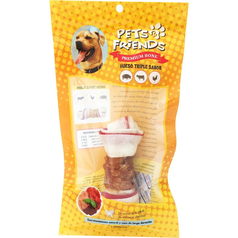 PETS AND FRIENDS - Hueso Triple para Perro Adulto Pollo, Vacuno, Cerdo 82 gr