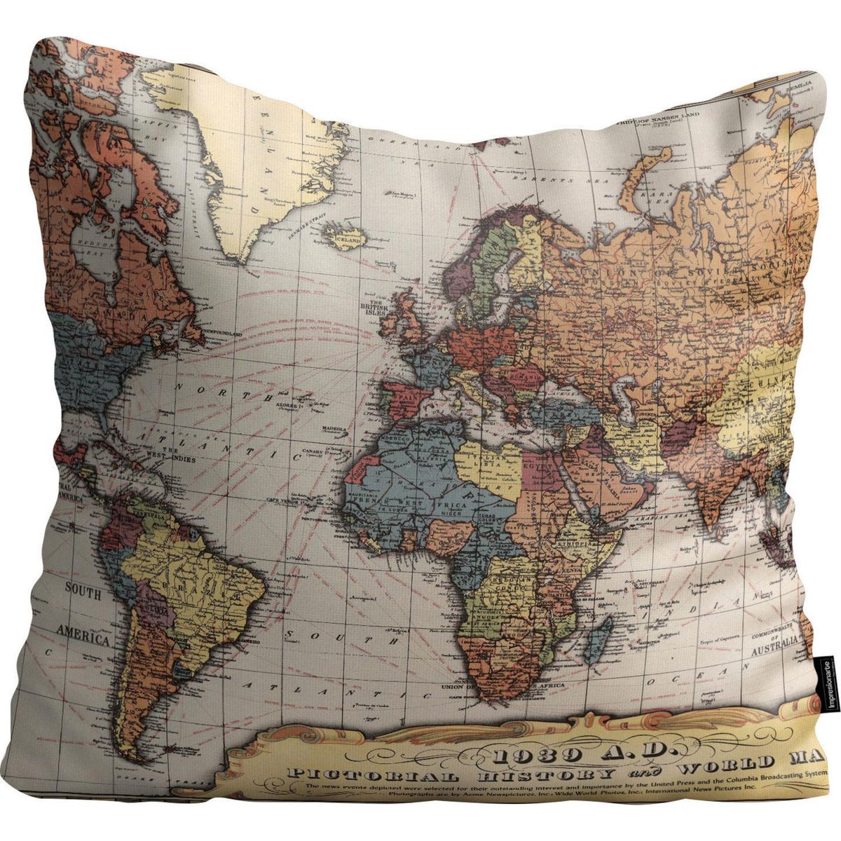 IMPRESIONARTE - Cojín de Piso Mapamundi de 1939 de Chile 100x100 cm