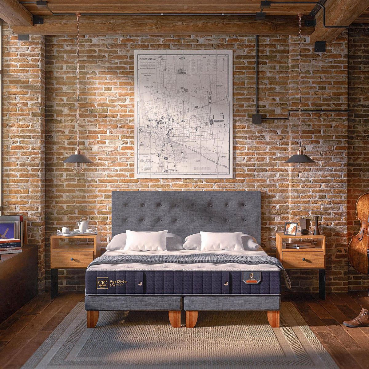 CIC - Cama Europea Premium 2 Plazas Bd + Muebles + Textil
