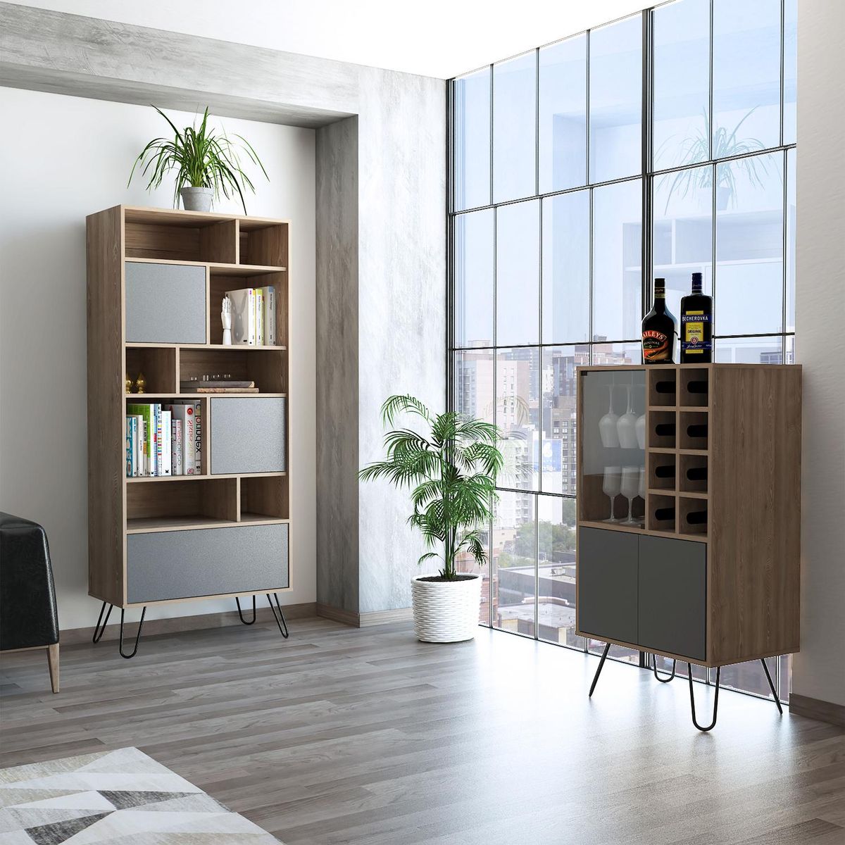 TUHOME - Combo Biblioteca + Bar Miel/plomo