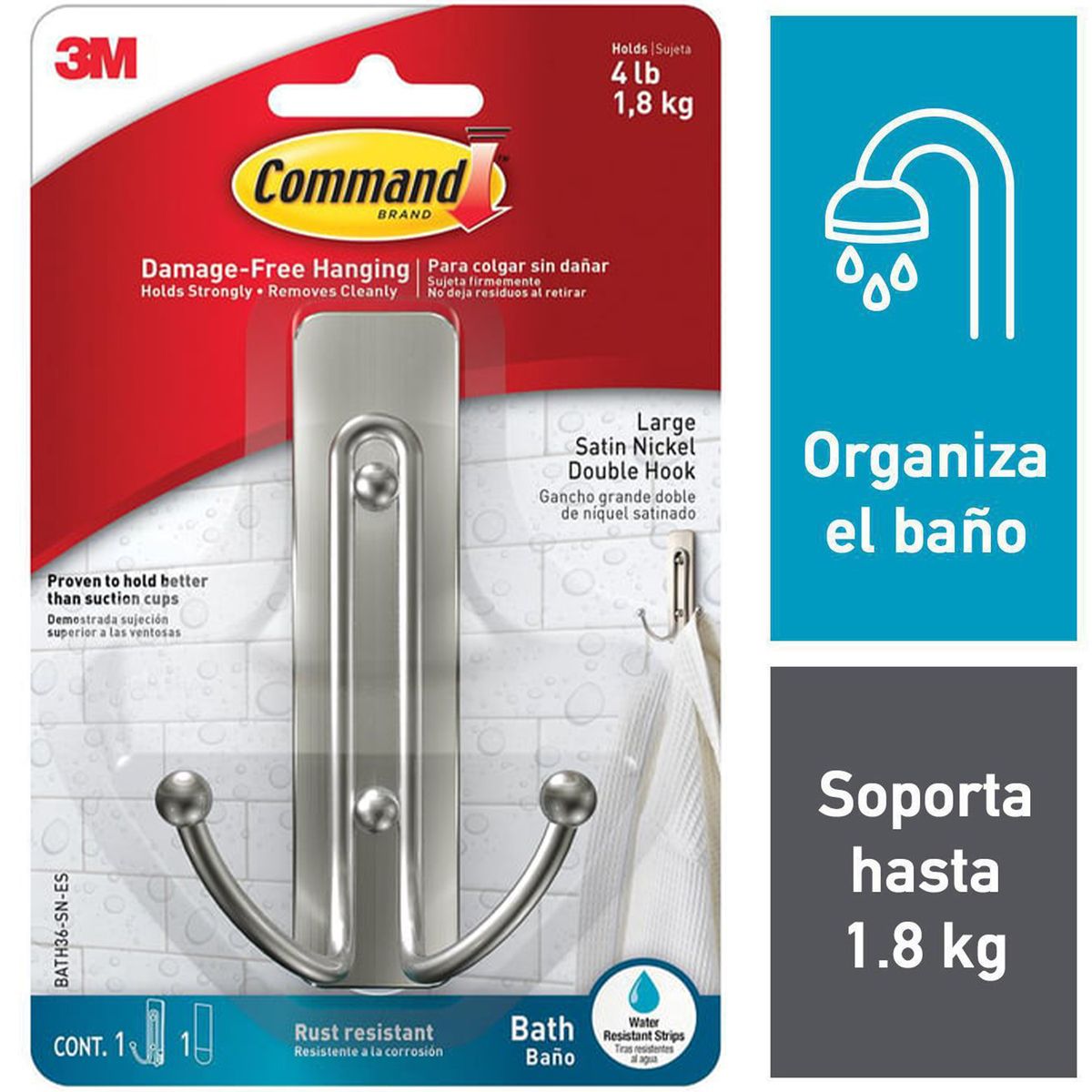 COMMAND - Gancho para Baño Grande Doble Color Níquel Satinado