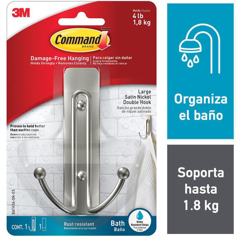 COMMAND - Gancho para Baño Grande Doble Color Níquel Satinado