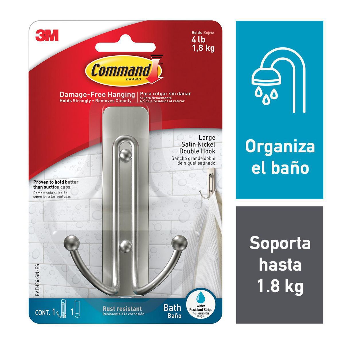 COMMAND - Gancho para Baño Grande Doble Color Níquel Satinado