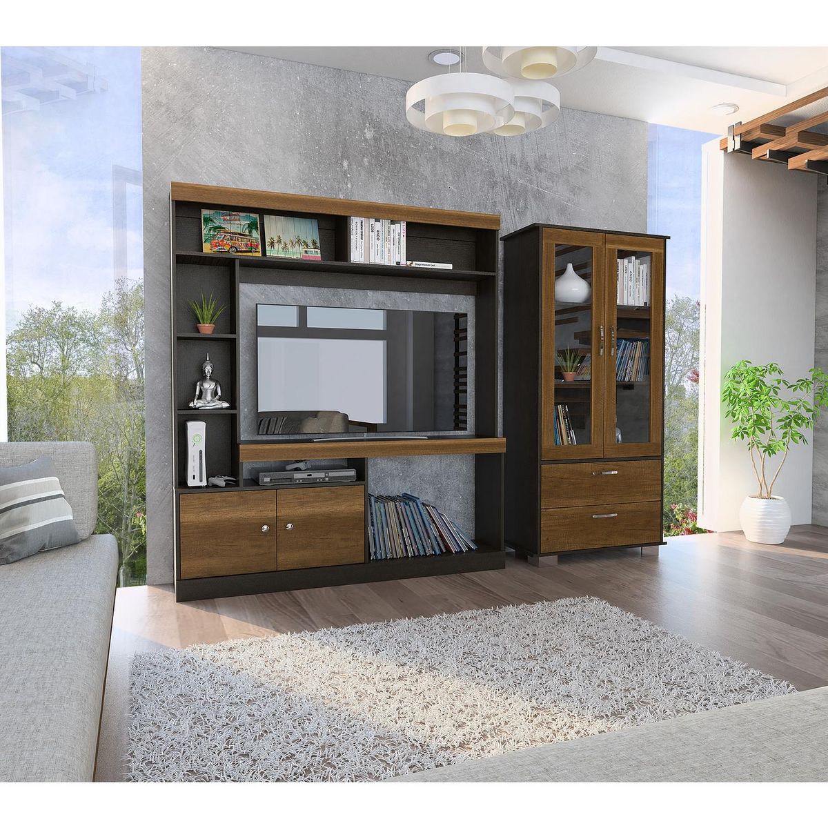 TUHOME - Set Centro de entretenimiento + Vitrina Caramelo/Wengue