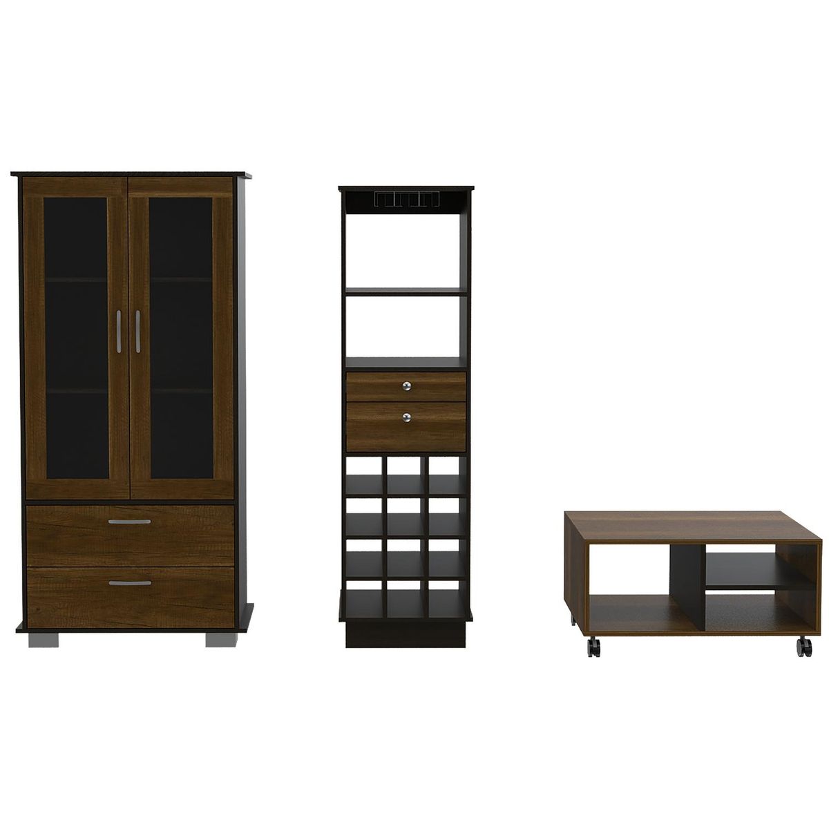 TUHOME - Set Vitrina + Bar + Mesa de Centro Caramelo/Wengue