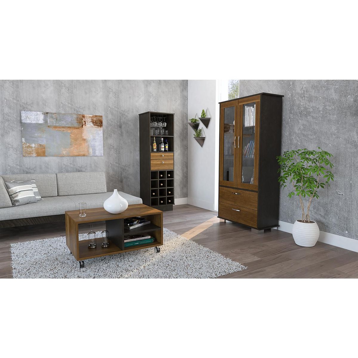 TUHOME - Set Vitrina + Bar + Mesa de Centro Caramelo/Wengue