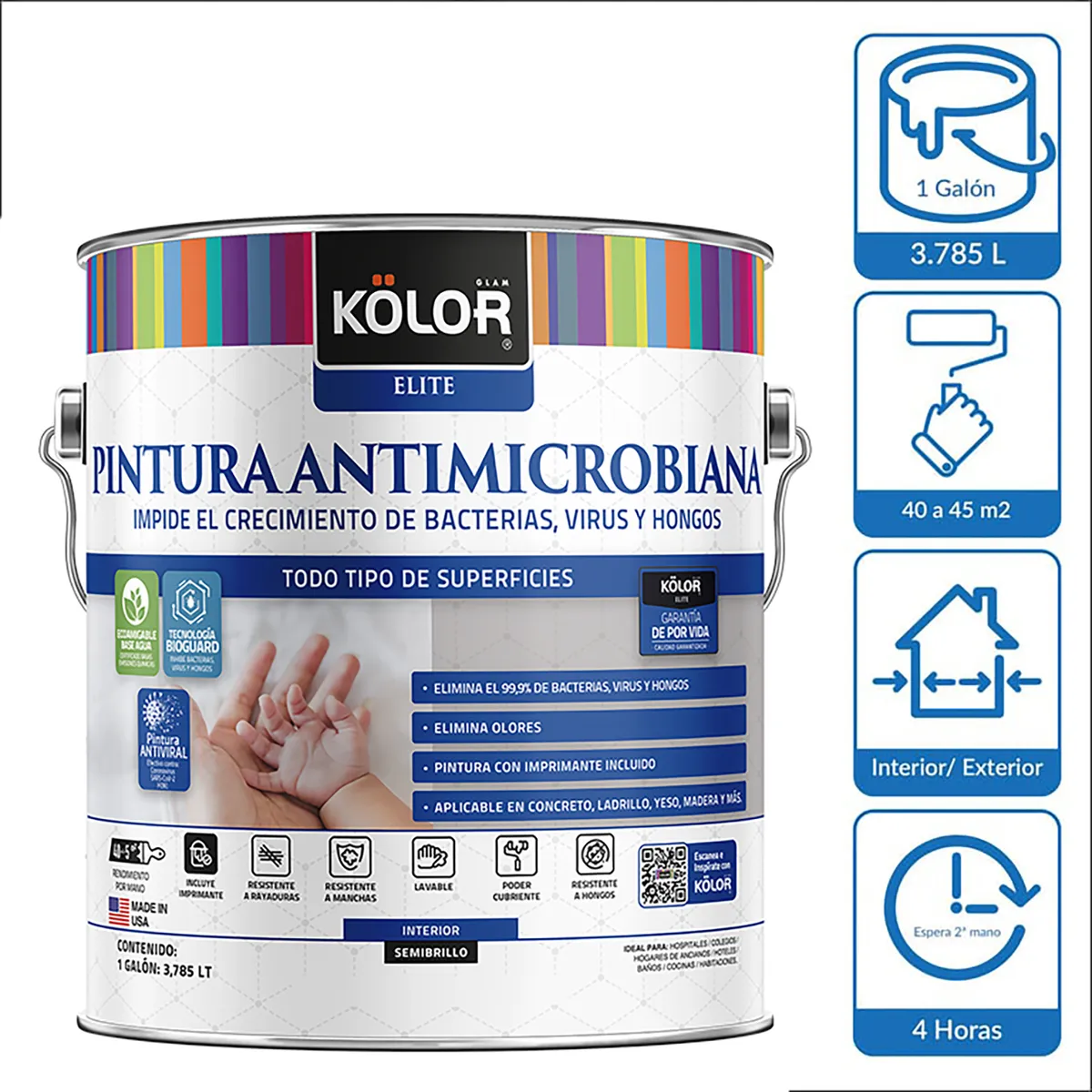 KOLOR - Esmalte al Agua Antimicrobiana Galón 1 galón(es) Semibrillante Blanco 