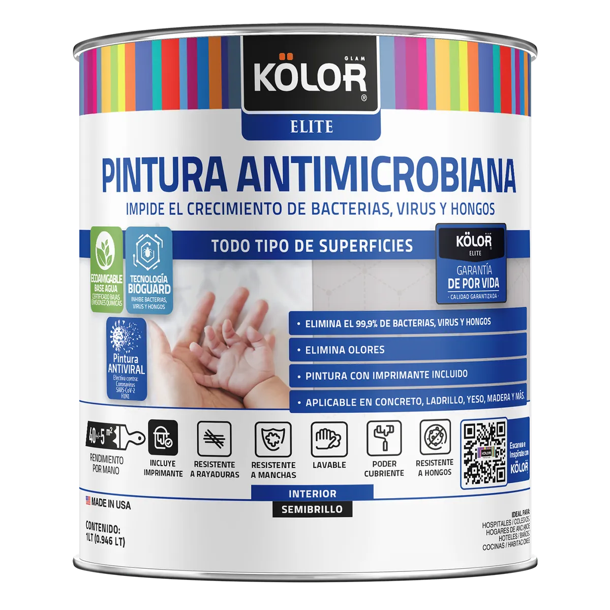 KOLOR - Esmalte al Agua Antimicrobiana Tarro 0.25 galón(es) Semibrillante Blanco 