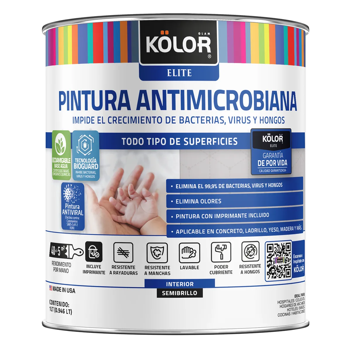 KOLOR - Esmalte al Agua Antimicrobiana Tarro 0.25 galón(es) Semibrillante Blanco 