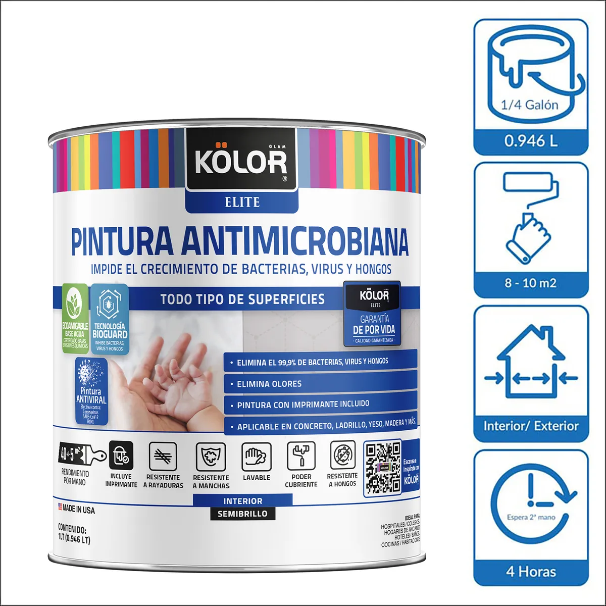 KOLOR - Esmalte al Agua Antimicrobiana Tarro 0.25 galón(es) Semibrillante Blanco 