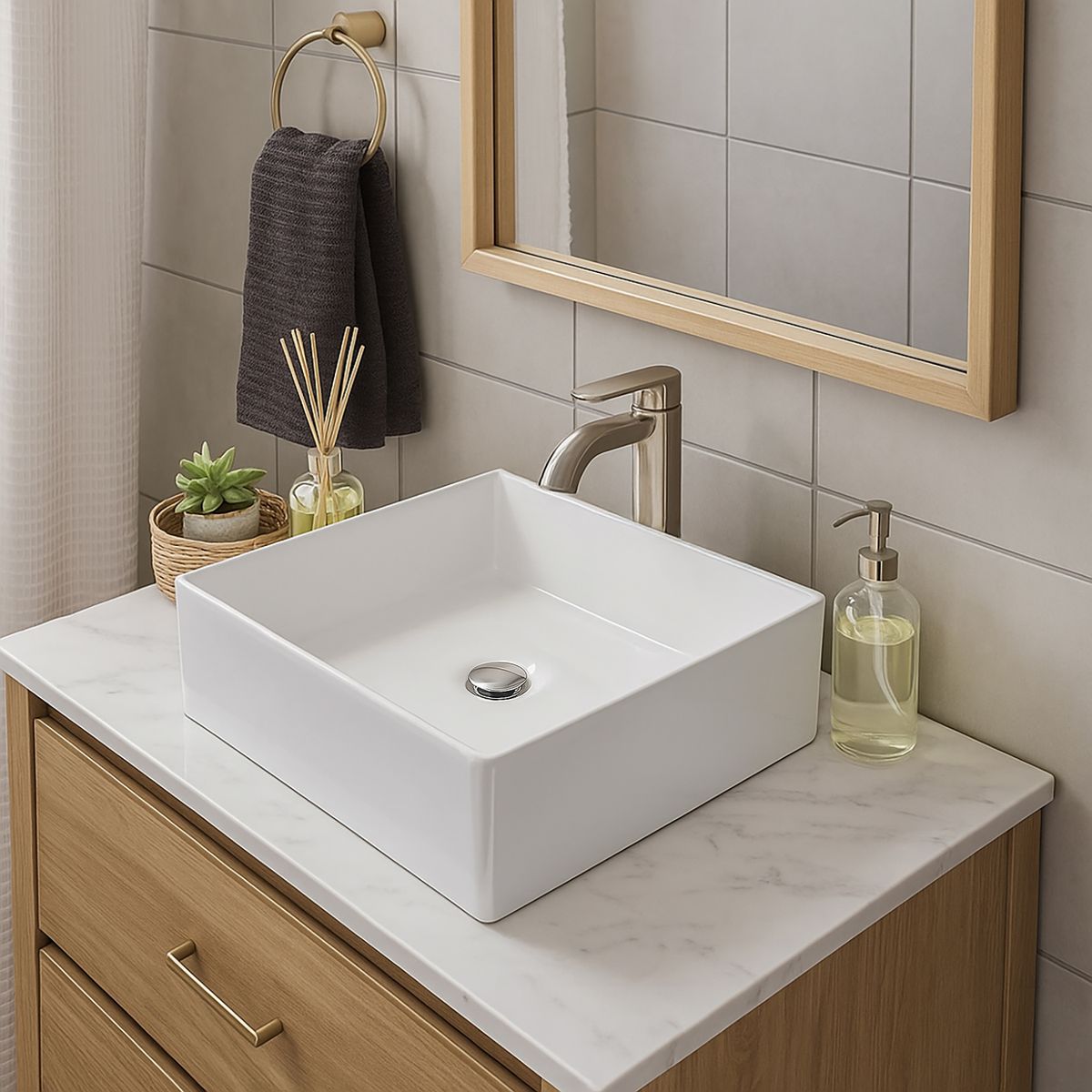 INCEPA - Lavamanos Sobre Encimera Forma Cuadrada Loza 38x12x38 cm Blanco