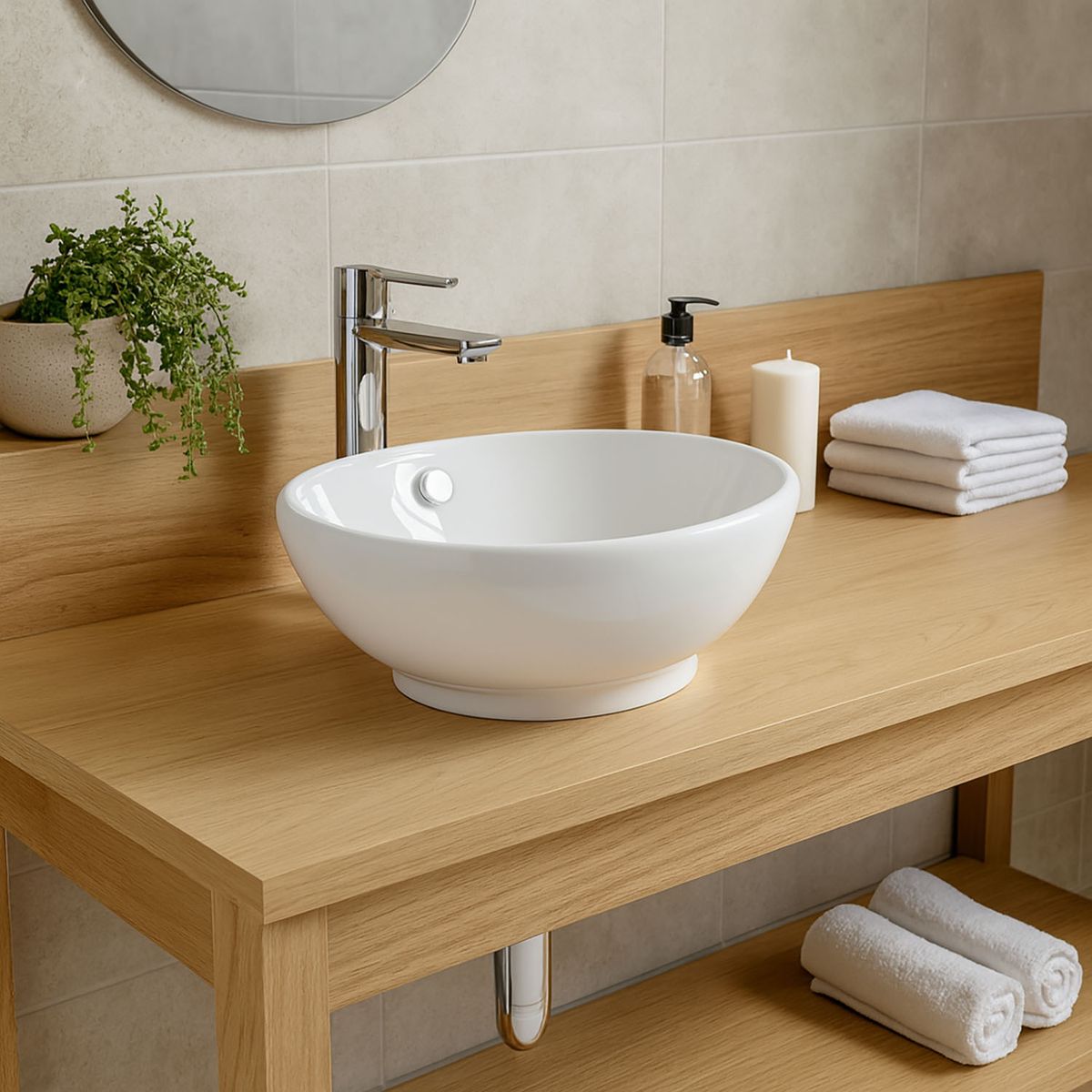 KLIPEN - Lavamanos Omega Forma Redonda Cerámica 40.5x14x40 cm Blanco