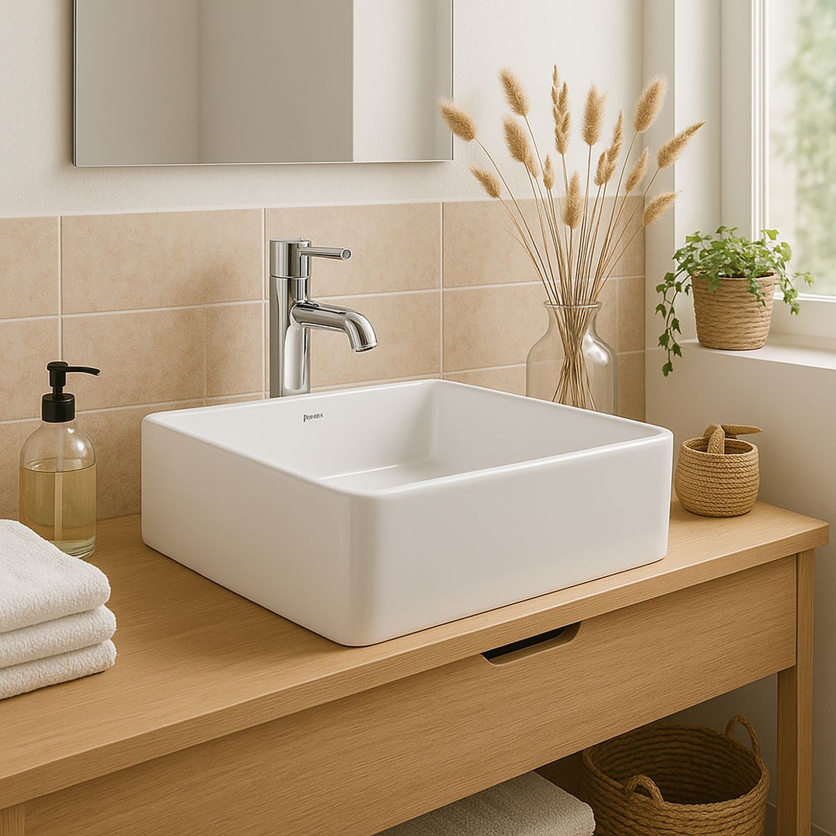 INCEPA - Lavamanos Sobrepuesto Forma Cuadrada Loza 35x13.5x35 cm Blanco