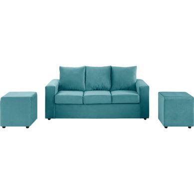 Sof 3 cuerpos + 2 pouf turquesa