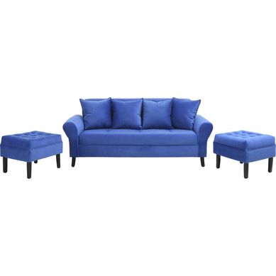 Sof 3 cuerpos + 2 pouf azul rey