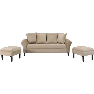 Sof 3 cuerpos + 2 pouf beige
