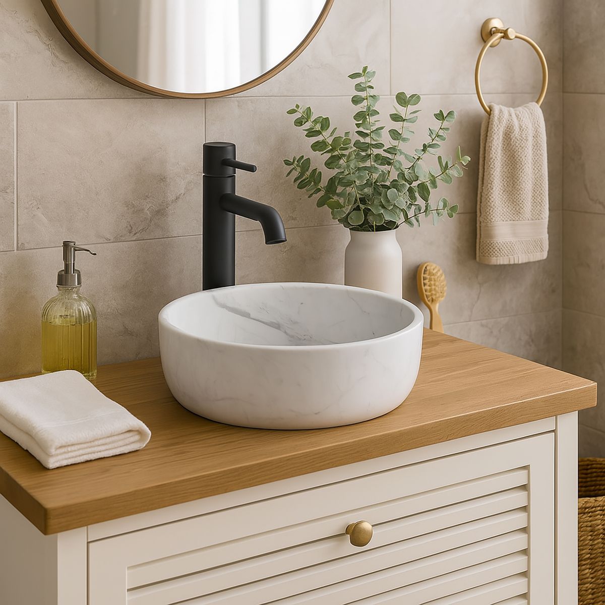 KLIPEN - Lavamanos Forma Redonda Granito 36x12x36 cm Blanco