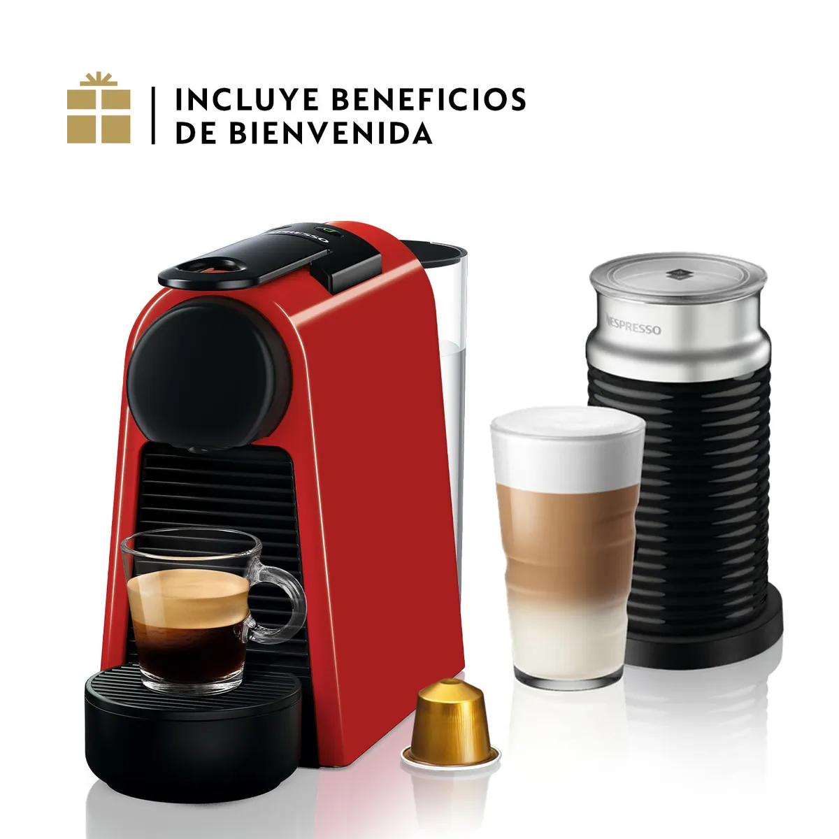 NESPRESSO - Cafetera Essenza Mini y Espumador de Leche 0.6 l 1255 W Roja