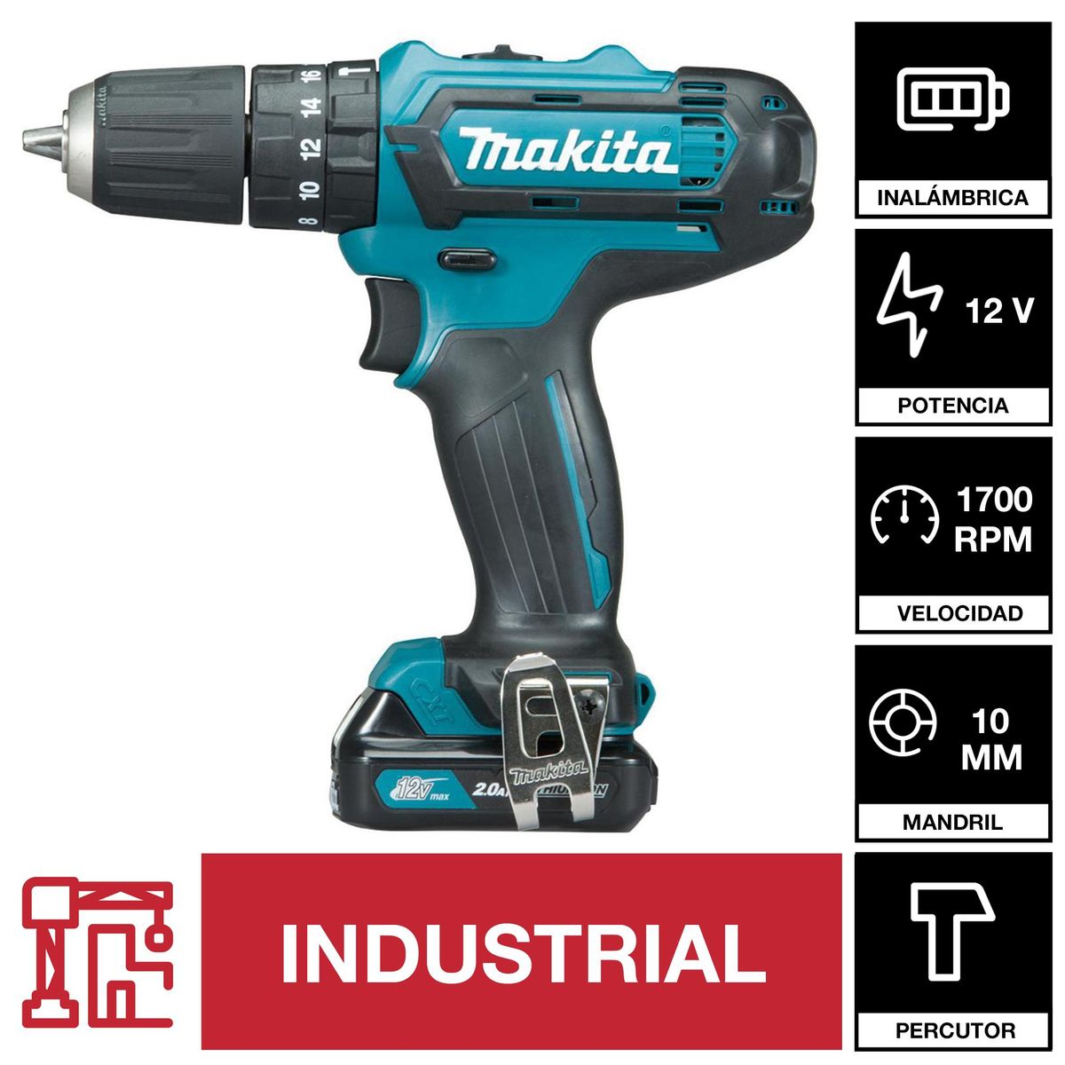 MAKITA - Taladro Inalámbrico Percutor 10 mm 12 V/1 Batería