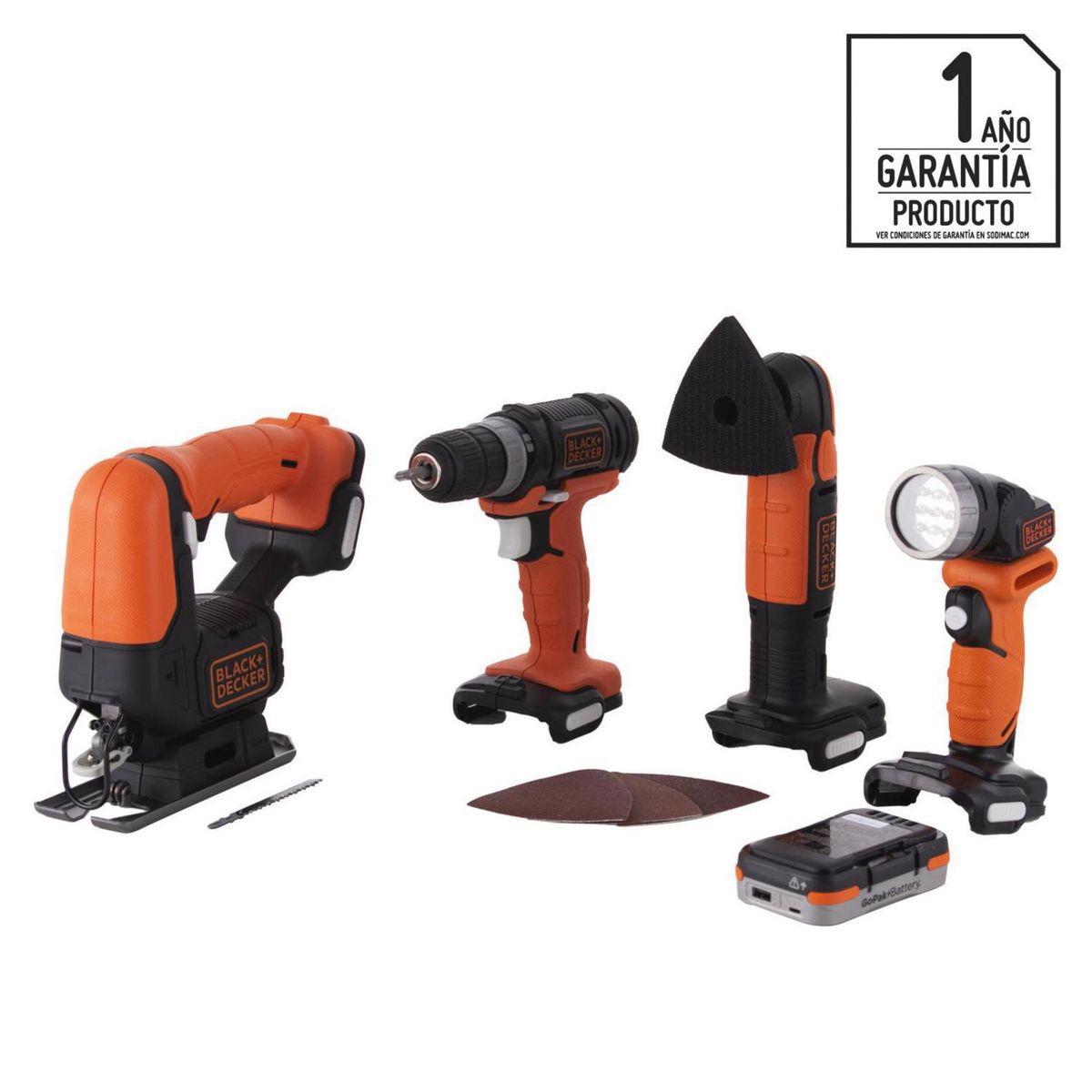 BLACK+DECKER - Kit inalámbrico taladro + sierra + lijadora + linterna + batería
