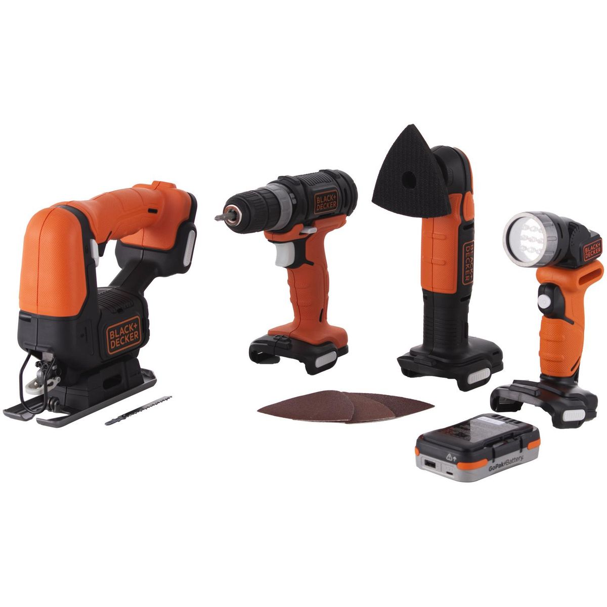 BLACK+DECKER - Kit inalámbrico taladro + sierra + lijadora + linterna + batería