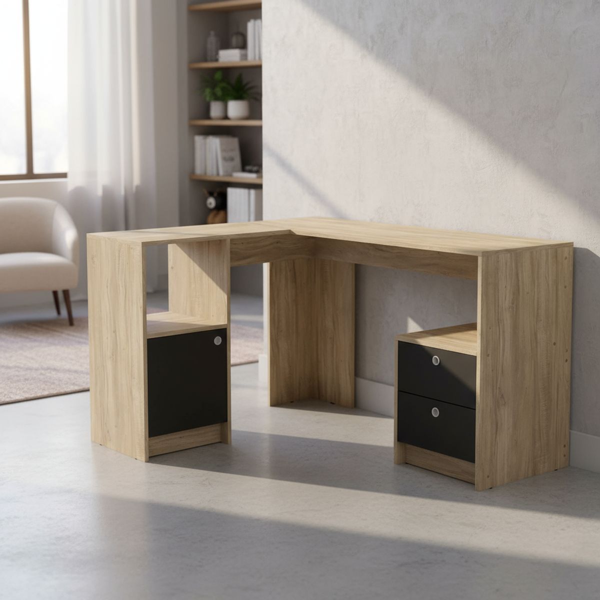 VEKKAHOME - Escritorio en L Esquinero Bosco Bosco Beige 112.5x75.5x135 cm